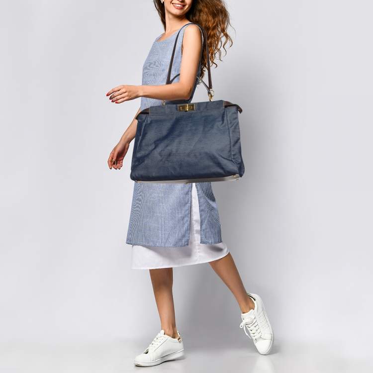 Pre Owned Fendi Blue/Brown Denim and Leather Large Peekaboo Top Handle Bag