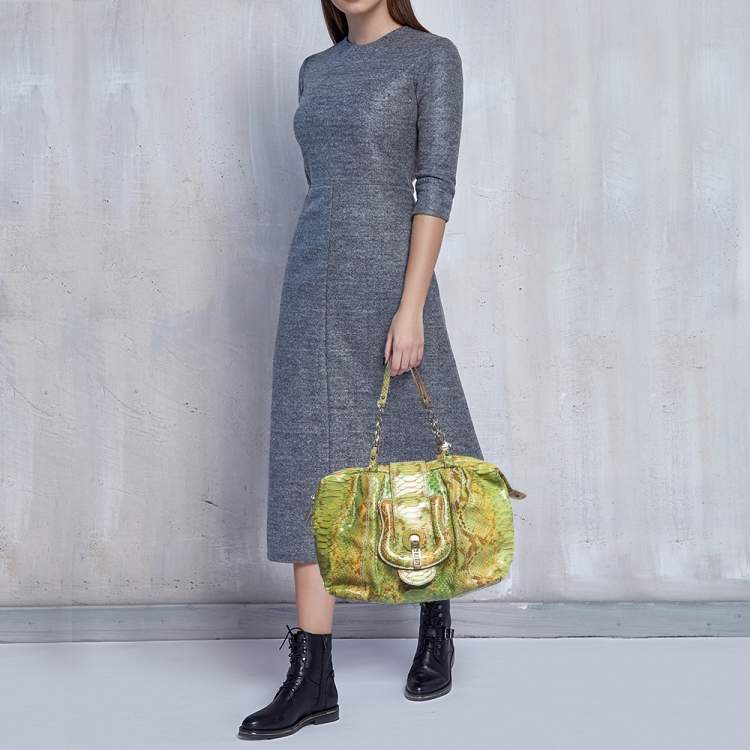 Pre Owned Fendi Green/Beige Python B Shoulder Bag