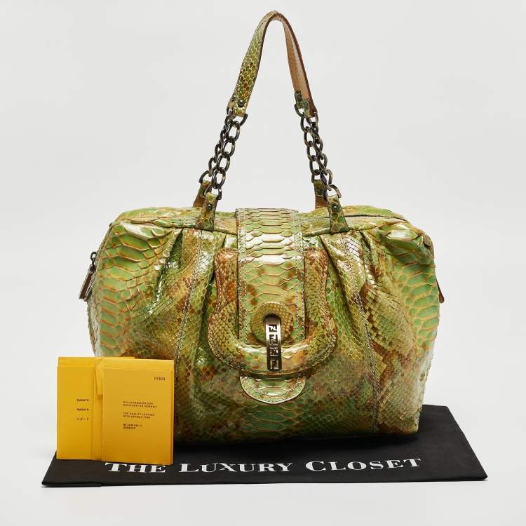 Pre Owned Fendi Green/Beige Python B Shoulder Bag