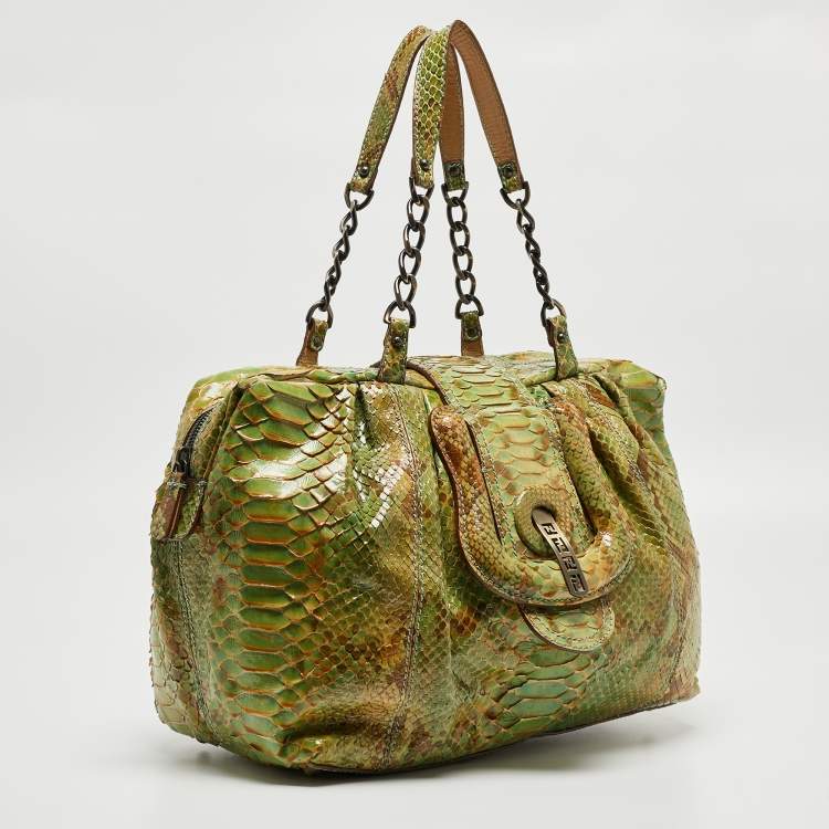 Pre Owned Fendi Green/Beige Python B Shoulder Bag
