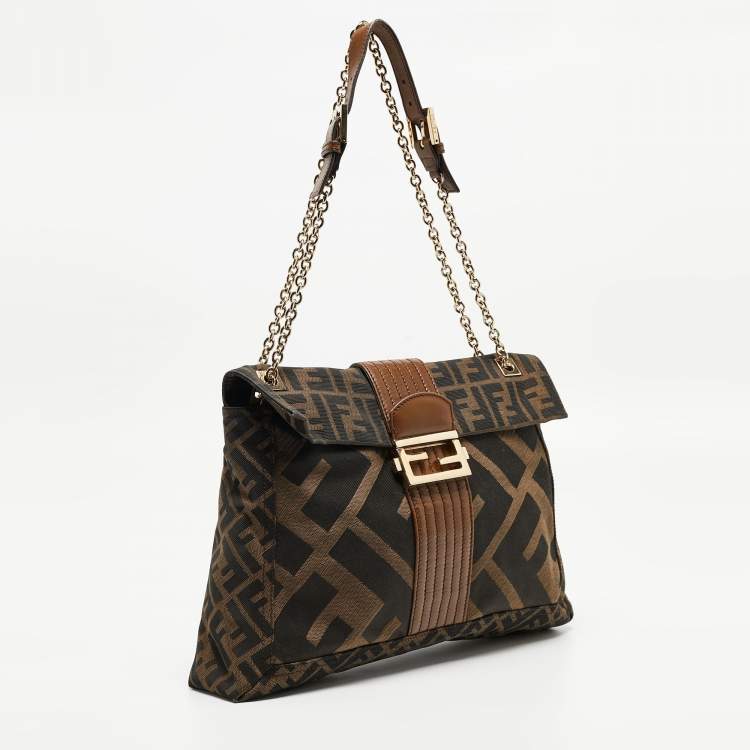 Pre Owned Fendi Tobacco Zucca Canvas and Leather Maxi Baguette Flap Shoulder Bag