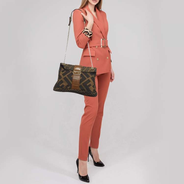 Pre Owned Fendi Tobacco Zucca Canvas and Leather Maxi Baguette Flap Shoulder Bag