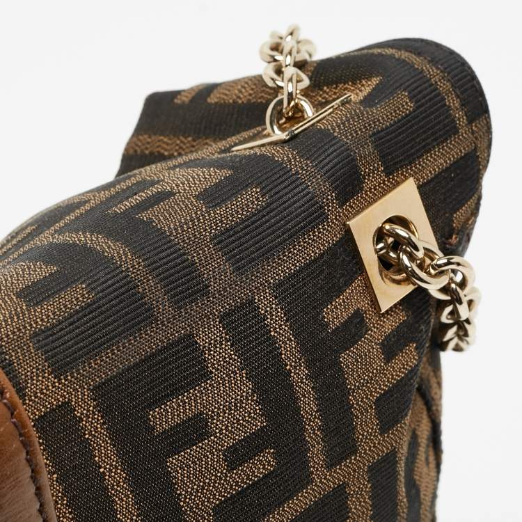 Pre Owned Fendi Tobacco Zucca Canvas and Leather Maxi Baguette Flap Shoulder Bag
