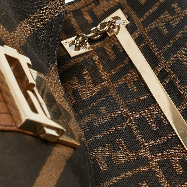 Pre Owned Fendi Tobacco Zucca Canvas and Leather Maxi Baguette Flap Shoulder Bag