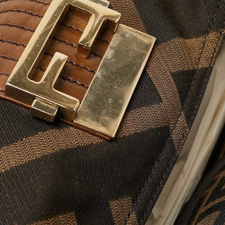 Pre Owned Fendi Tobacco Zucca Canvas and Leather Maxi Baguette Flap Shoulder Bag