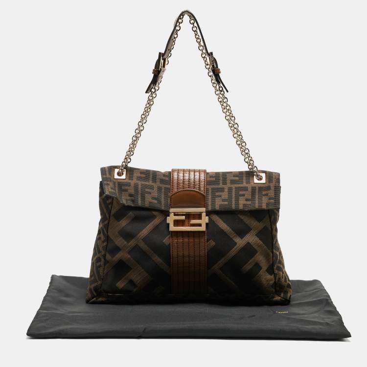 Pre Owned Fendi Tobacco Zucca Canvas and Leather Maxi Baguette Flap Shoulder Bag