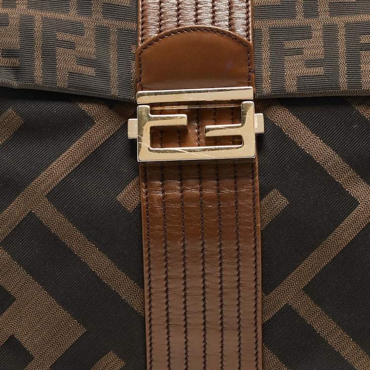Pre Owned Fendi Tobacco Zucca Canvas and Leather Maxi Baguette Flap Shoulder Bag