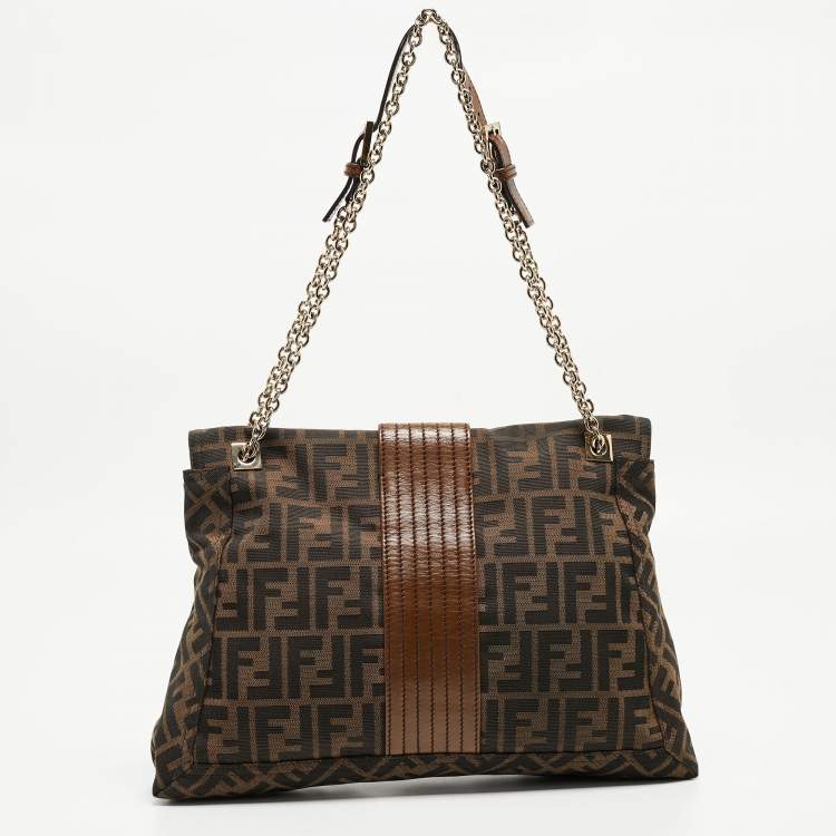 Pre Owned Fendi Tobacco Zucca Canvas and Leather Maxi Baguette Flap Shoulder Bag
