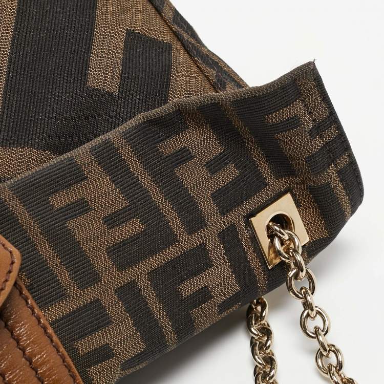 Pre Owned Fendi Tobacco Zucca Canvas and Leather Maxi Baguette Flap Shoulder Bag