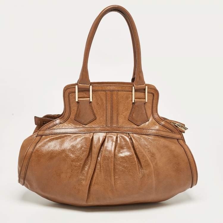 Pre Owned Fendi Brown Pleated Leather Hobo