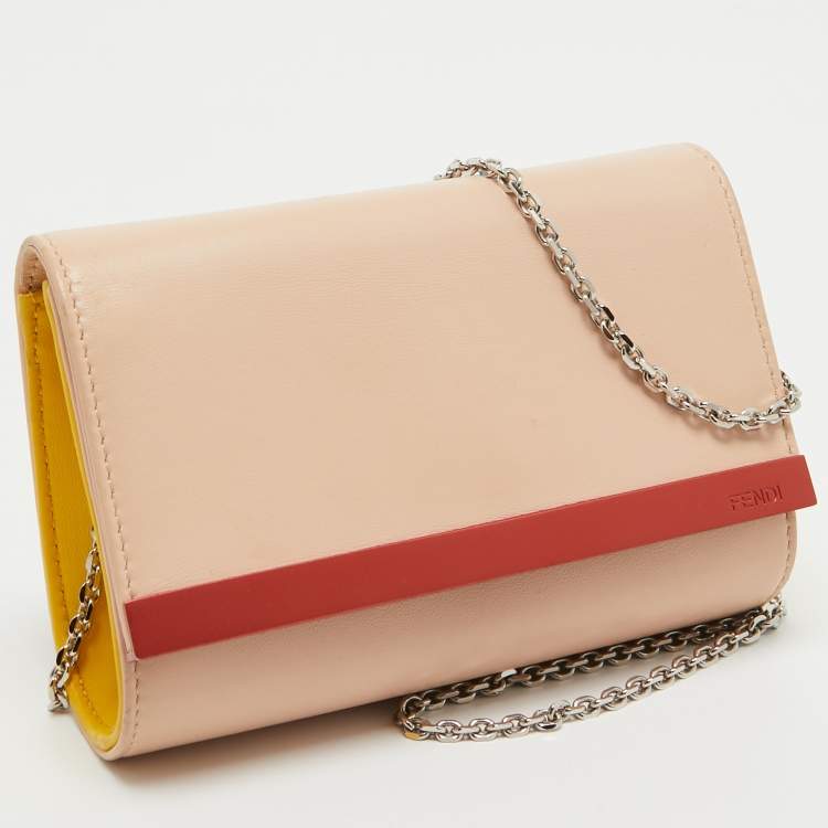 Pre Owned Fendi Dusty Pink/Yellow Leather Rush Chain Clutch
