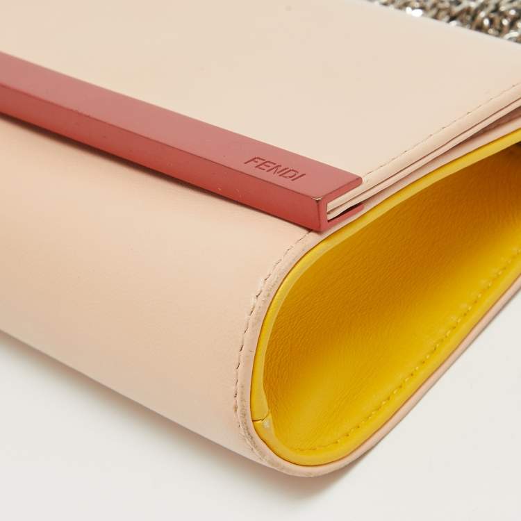 Pre Owned Fendi Dusty Pink/Yellow Leather Rush Chain Clutch