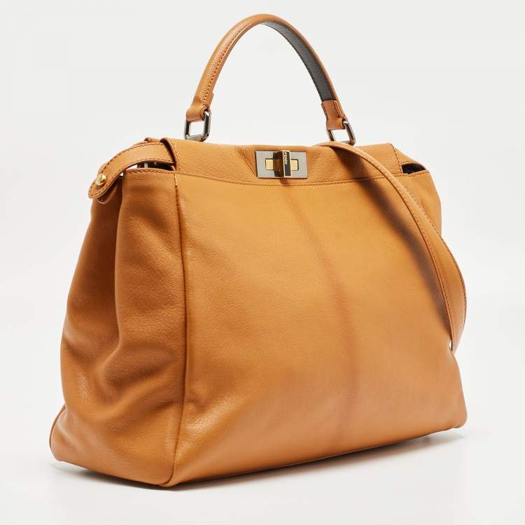 Pre Owned Fendi Tan Leather Large Peekaboo Top Handle Bag