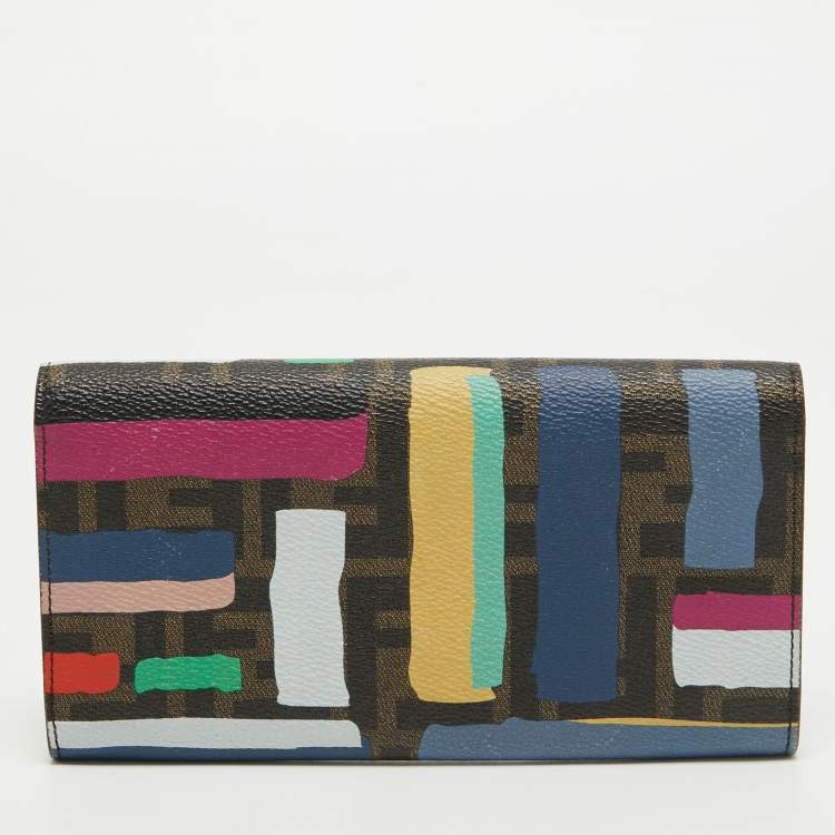 Pre Owned Fendi Multicolor Zucca Print Coated Canvas Flap Continental Wallet