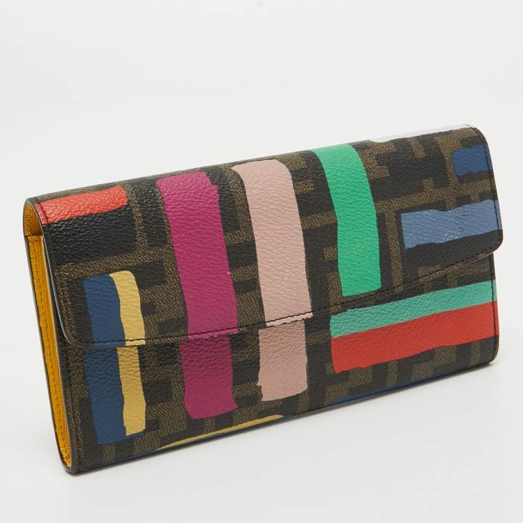 Pre Owned Fendi Multicolor Zucca Print Coated Canvas Flap Continental Wallet