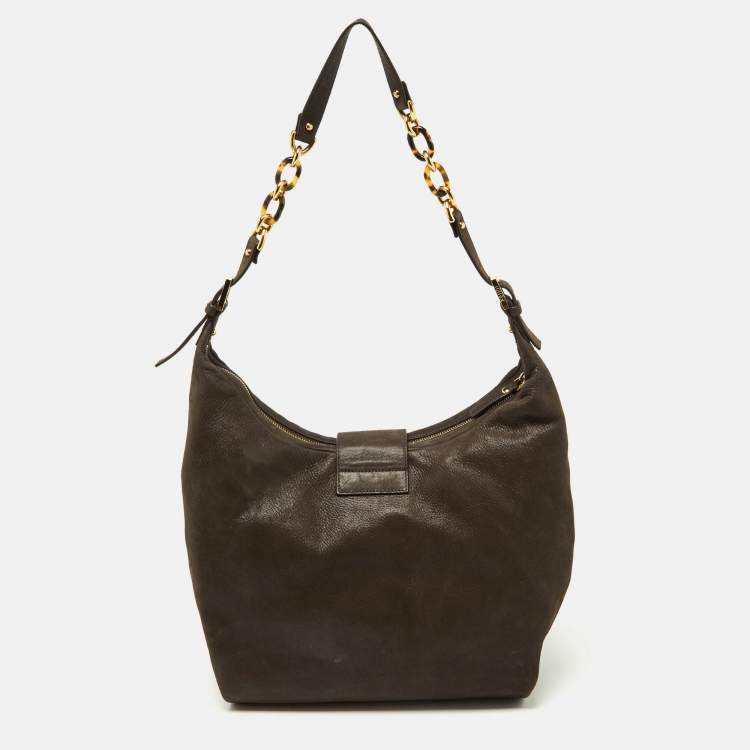 Pre Owned Fendi Dark Brown Shimmer Nubuck Leather Forever Hobo