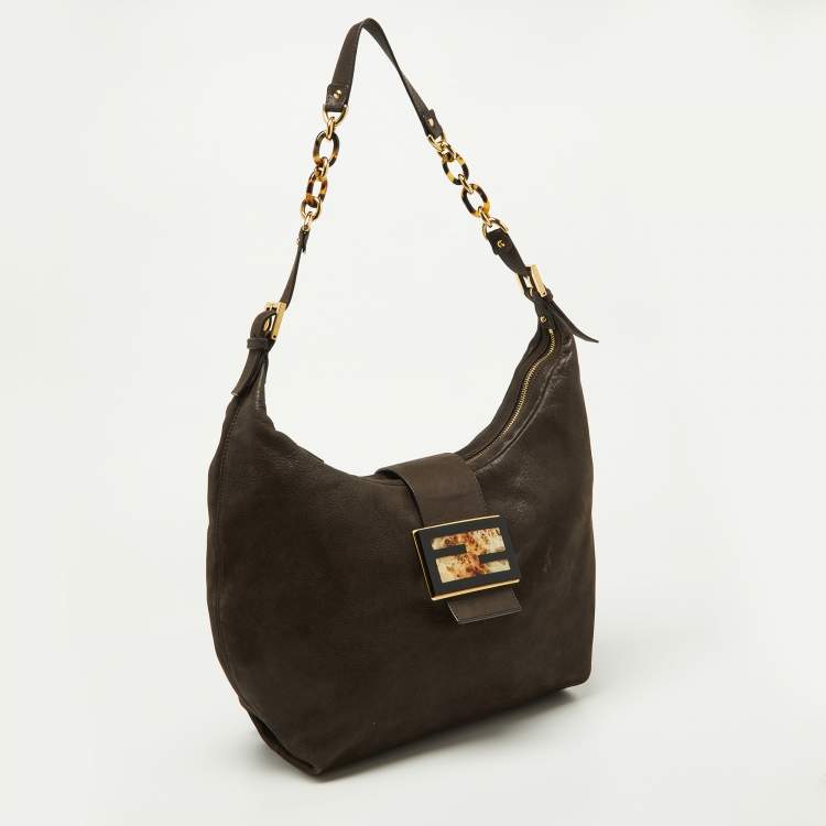 Pre Owned Fendi Dark Brown Shimmer Nubuck Leather Forever Hobo