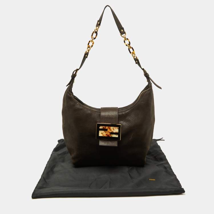 Pre Owned Fendi Dark Brown Shimmer Nubuck Leather Forever Hobo