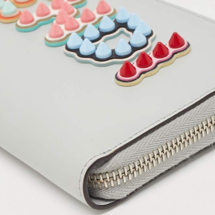Pre Owned Fendi Grey Leather Logo Studded Zip Around Wallet 