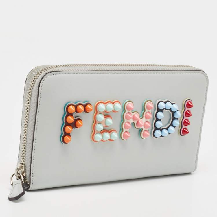 Pre Owned Fendi Grey Leather Logo Studded Zip Around Wallet 
