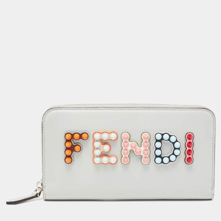 Pre Owned Fendi Grey Leather Logo Studded Zip Around Wallet 