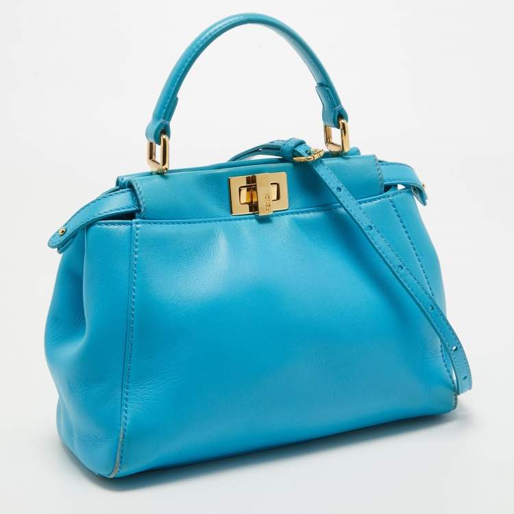 Pre Owned Fendi Light Blue Leather Mini Peekaboo Top Handle Bag