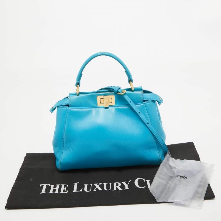 Pre Owned Fendi Light Blue Leather Mini Peekaboo Top Handle Bag