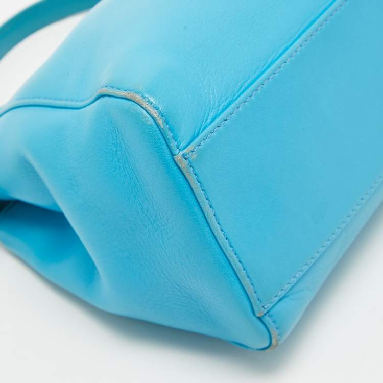 Pre Owned Fendi Light Blue Leather Mini Peekaboo Top Handle Bag