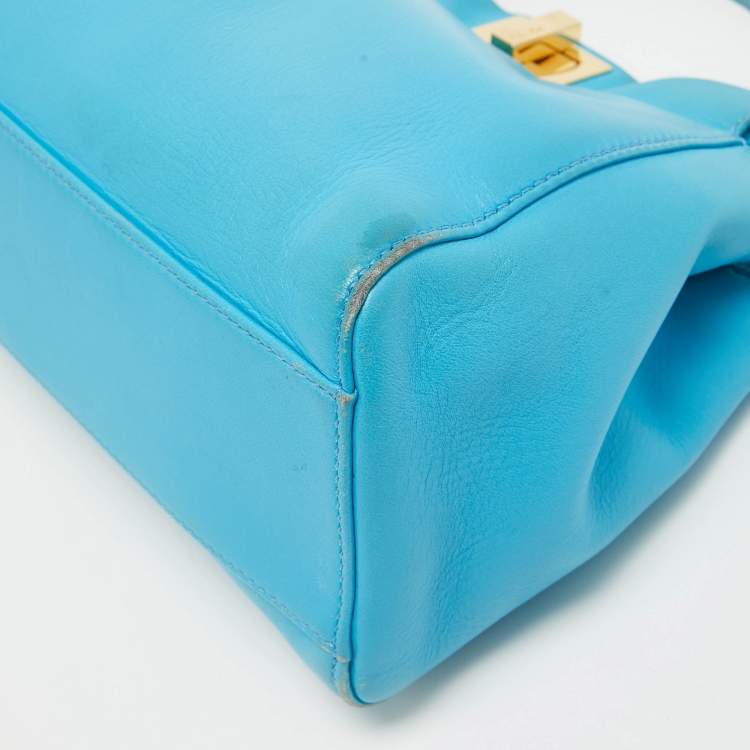 Pre Owned Fendi Light Blue Leather Mini Peekaboo Top Handle Bag