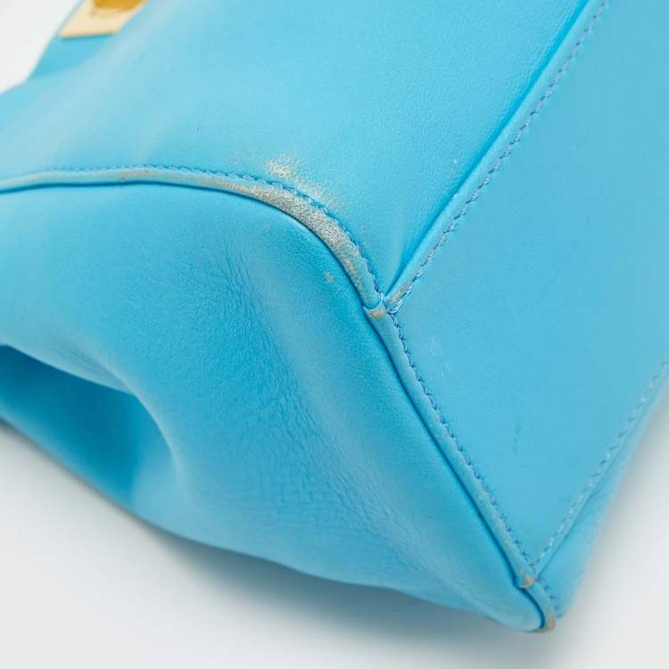 Pre Owned Fendi Light Blue Leather Mini Peekaboo Top Handle Bag