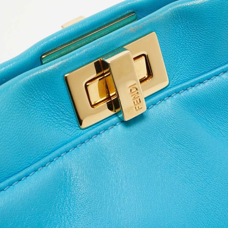 Pre Owned Fendi Light Blue Leather Mini Peekaboo Top Handle Bag