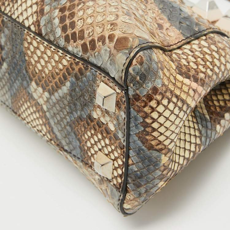 Pre Owned Fendi Beige/Multicolor Python Mini Applique Peekaboo Top Handle Bag