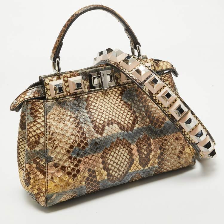 Pre Owned Fendi Beige/Multicolor Python Mini Applique Peekaboo Top Handle Bag