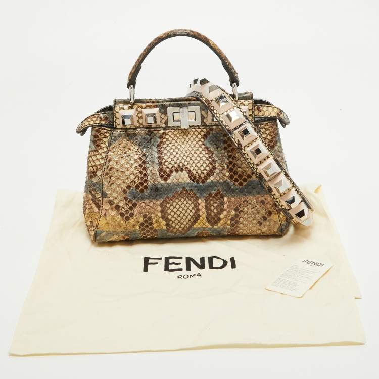 Pre Owned Fendi Beige/Multicolor Python Mini Applique Peekaboo Top Handle Bag