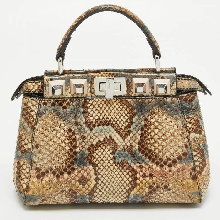 Pre Owned Fendi Beige/Multicolor Python Mini Applique Peekaboo Top Handle Bag