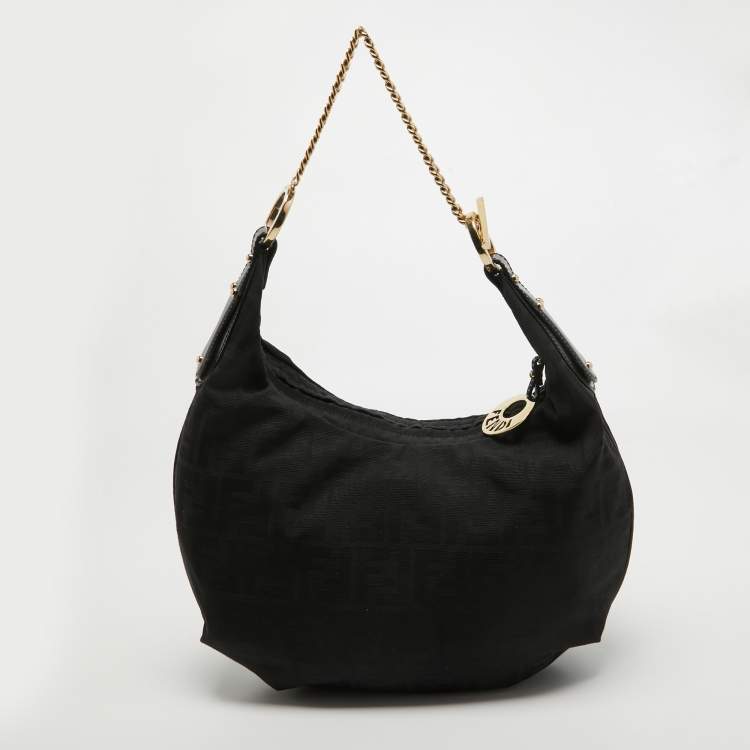 Pre Owned Fendi Black Zucca Canvas and Leather Chef Chain Link Hobo
