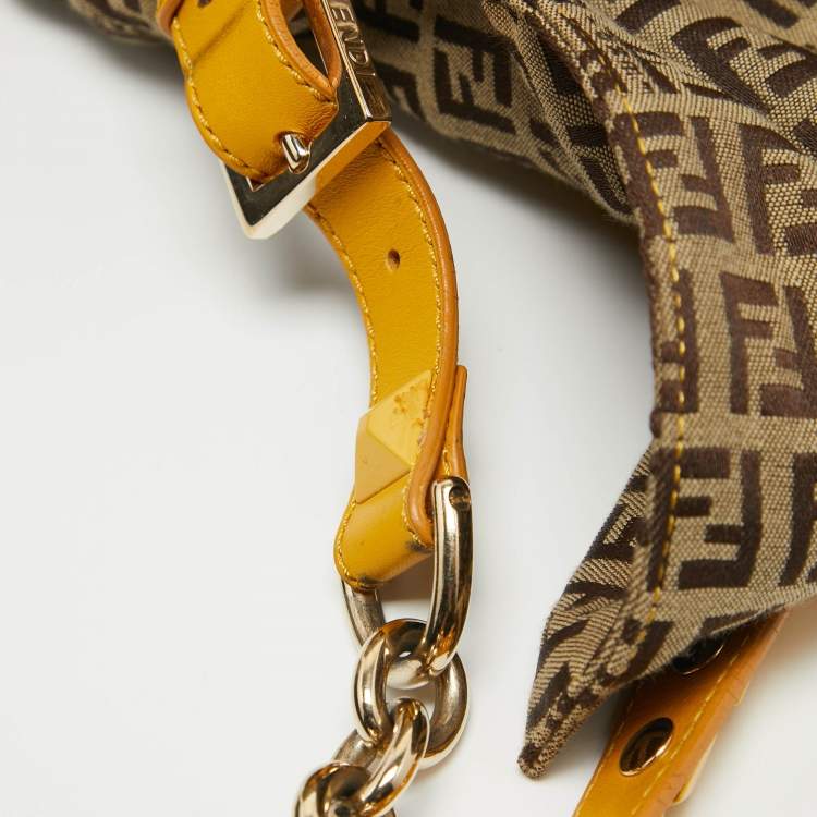 Pre Owned Fendi Yellow/Beige Zucchino Canvas Large Studded Mama Forever Shoulder Bag
