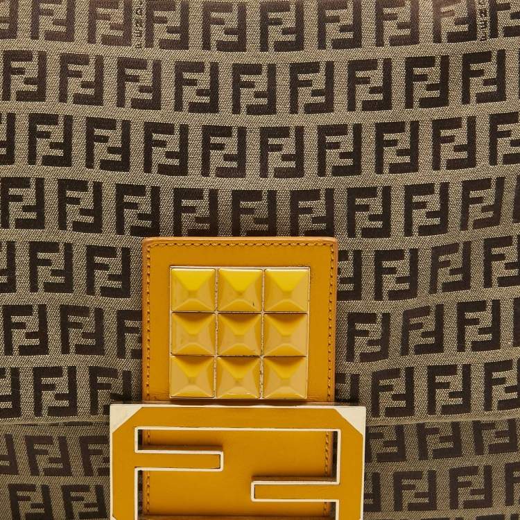 Pre Owned Fendi Yellow/Beige Zucchino Canvas Large Studded Mama Forever Shoulder Bag