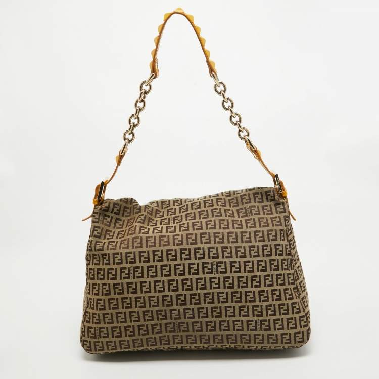 Pre Owned Fendi Yellow/Beige Zucchino Canvas Large Studded Mama Forever Shoulder Bag