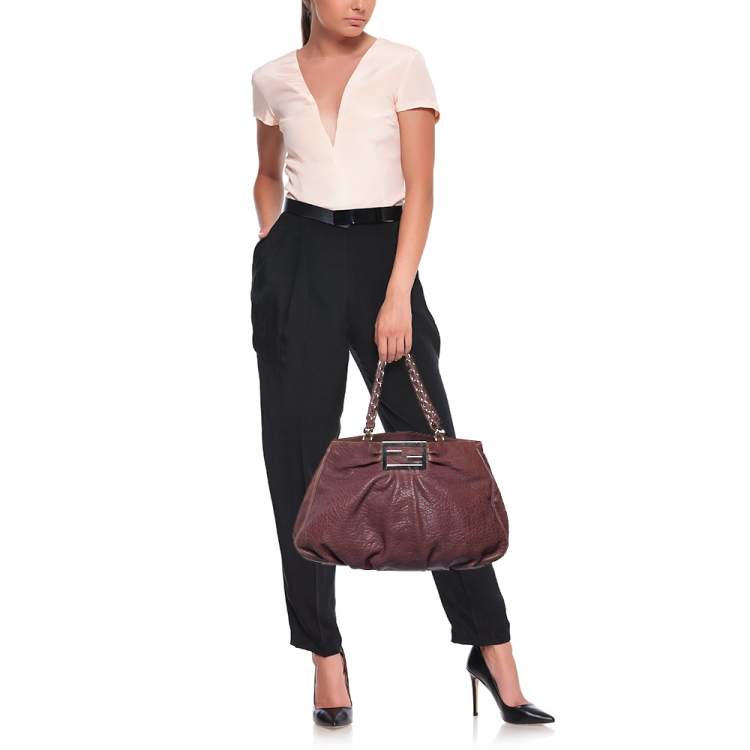 Pre Owned Fendi Purple Textured Leather Large Mia Hobo