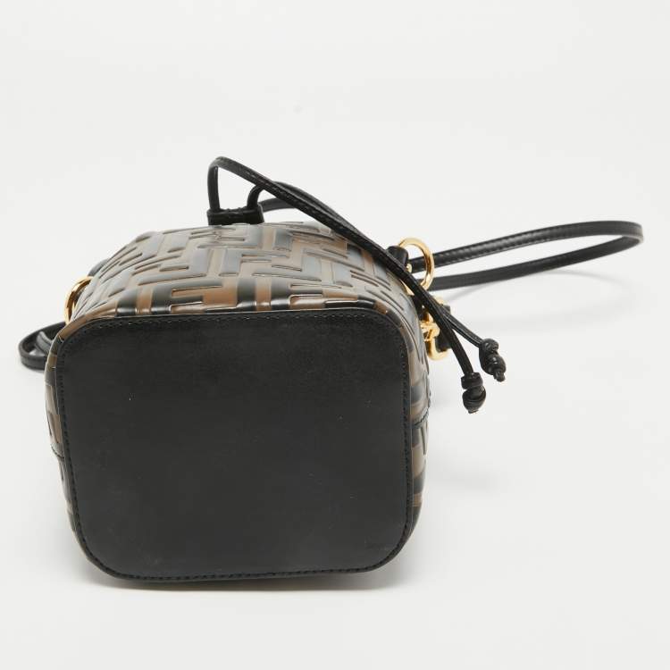 Pre Owned Fendi Brown/Black Zucca Leather Mini Mon Tresor Drawstring Bucket Bag