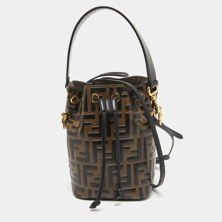 Pre Owned Fendi Brown/Black Zucca Leather Mini Mon Tresor Drawstring Bucket Bag