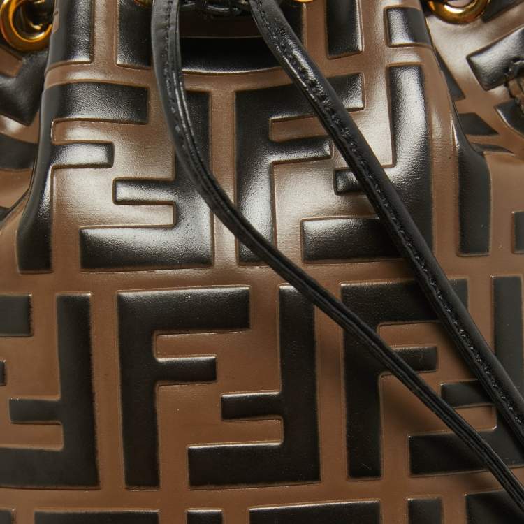 Pre Owned Fendi Brown/Black Zucca Leather Mini Mon Tresor Drawstring Bucket Bag
