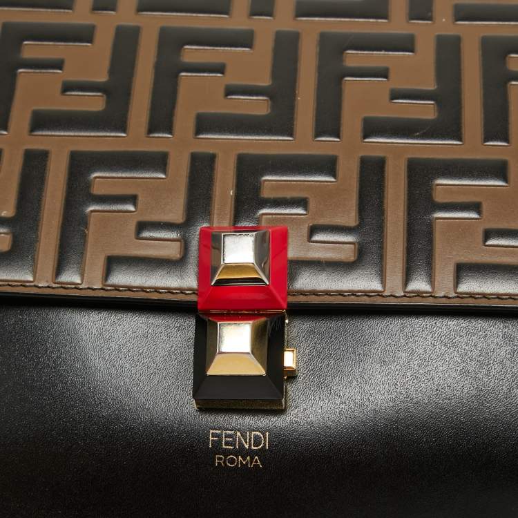 Pre Owned Fendi Black/Brown FF Leather Medium Kan I Shoulder Bag