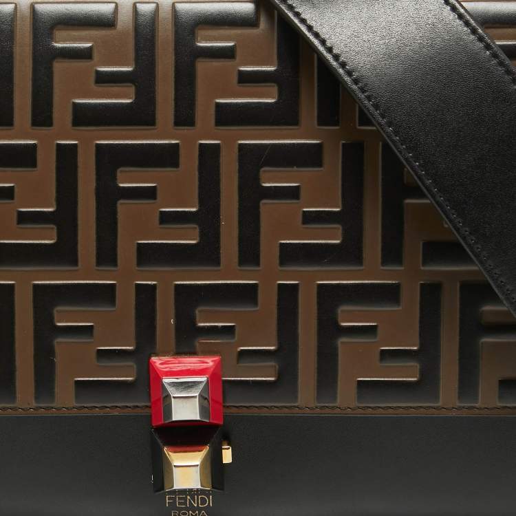 Pre Owned Fendi Black/Brown FF Leather Medium Kan I Shoulder Bag