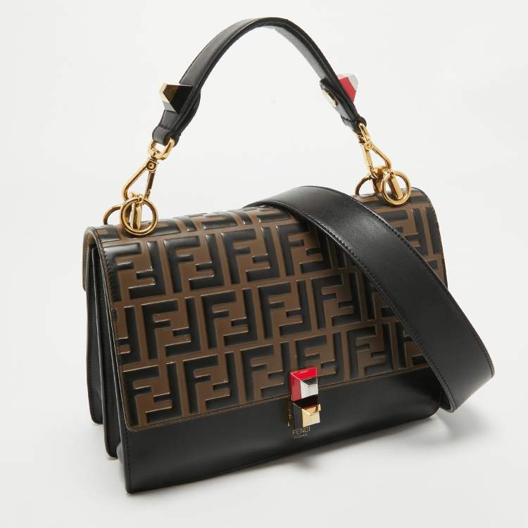 Pre Owned Fendi Black/Brown FF Leather Medium Kan I Shoulder Bag