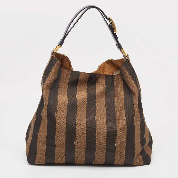Pre Owned Fendi Tobacco Pequin Stripe Canvas and Leather Hobo