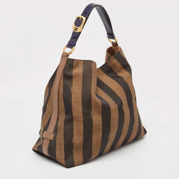 Pre Owned Fendi Tobacco Pequin Stripe Canvas and Leather Hobo