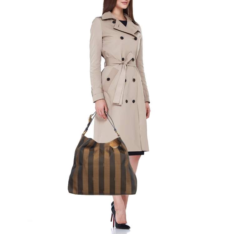 Pre Owned Fendi Tobacco Pequin Stripe Canvas and Leather Hobo