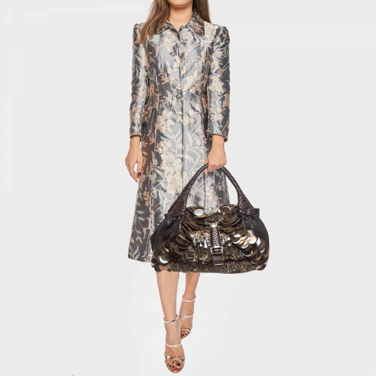 Pre Owned Fendi Choco Brown Leather and Zucca Canvas Embellished Spy Bag